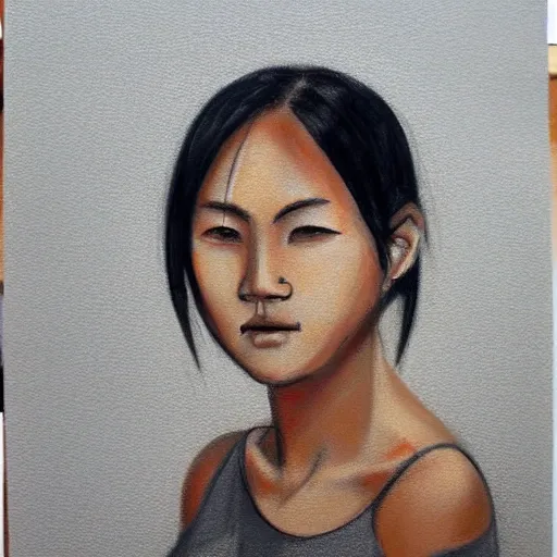 Female, Asian, angular face, tan, black eyes, Pencil Sketch, Oil Painting