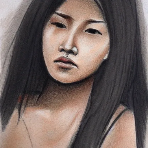 Female, Asian, angular face, tan, black eyes, Pencil Sketch, Oil Painting