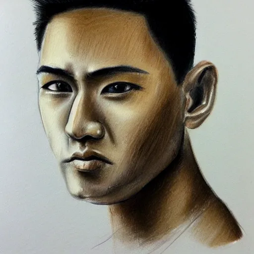 Male, Asian, angular face, tan, black eyes, Pencil Sketch, Oil Painting