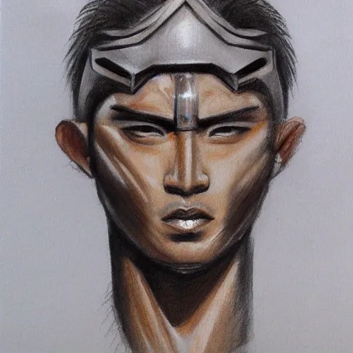 Male warrior, Asian, angular face, tan, black eyes, Pencil Sketch, Oil Painting