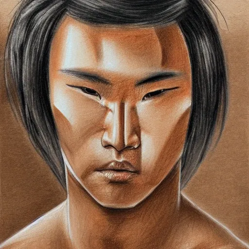 Male warrior, Asian, angular face, tan, black eyes, Pencil Sketch, Oil Painting