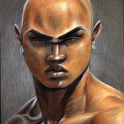 Male warrior, Samoan, angular face, tan, black eyes, Pencil Sketch, Oil Painting