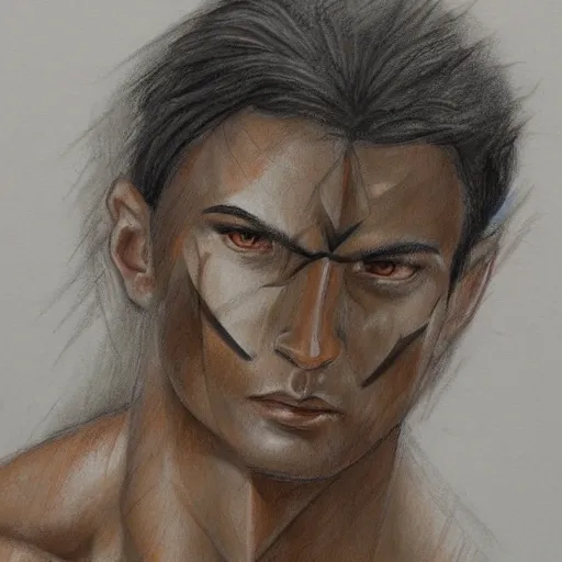 Male warrior, Samoan, angular face, tan, black eyes, Pencil Sketch, Oil Painting