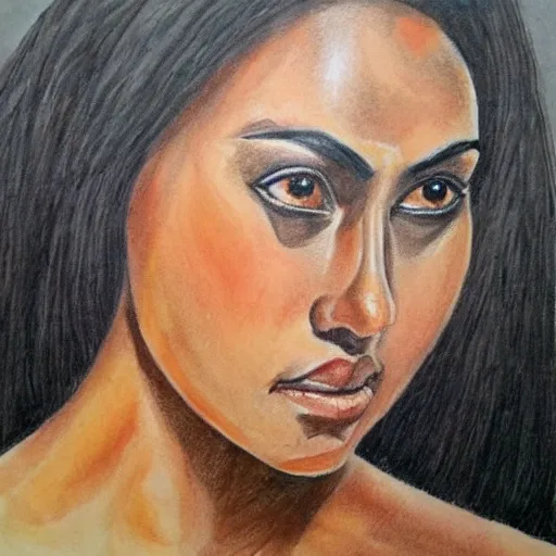 Female warrior, Samoan, angular face, tan, black eyes, Pencil Sketch, Oil Painting
