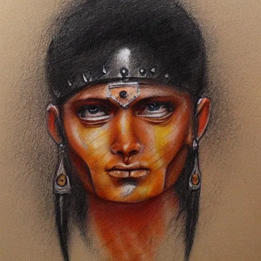 warrior, Indian, angular face, tan, black eyes, Pencil Sketch, Oil Painting