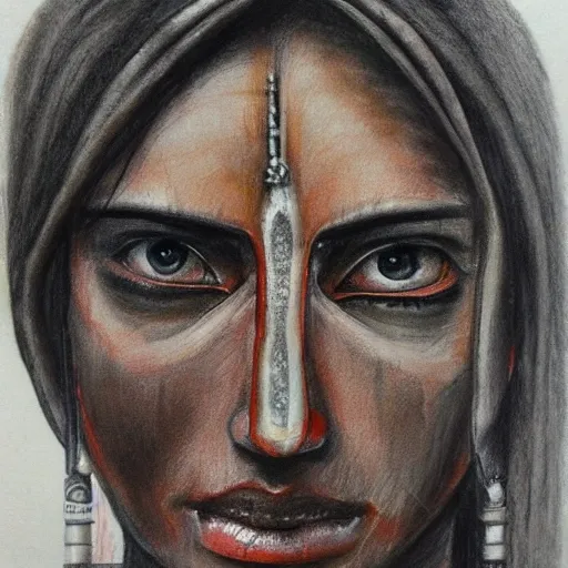 warrior, south Asian, angular face, tan, black eyes, Pencil Sketch, Oil Painting