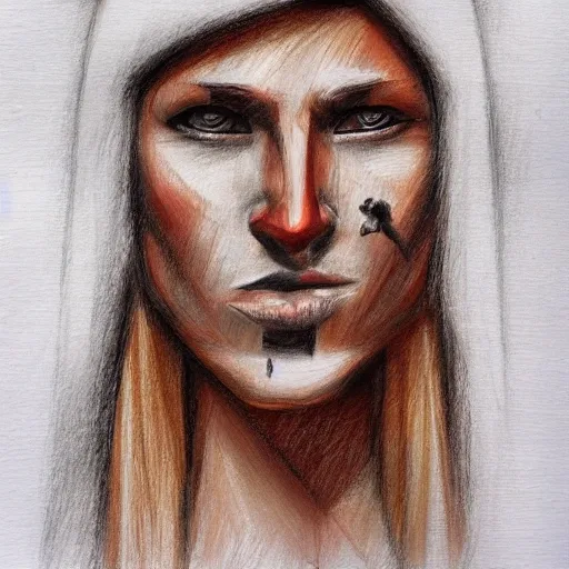 warrior, Eskimo, angular face, tan, black eyes, Pencil Sketch, Oil Painting