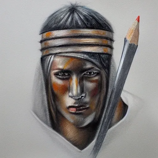 warrior, Eskimo, angular face, tan, black eyes, Pencil Sketch, Oil Painting