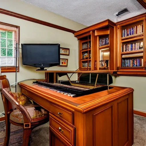 Please design architectural rendering/floor plan for a 1 bedroom + Den apartment with screened-in balcony and 1 1/2 bath. Needs to house 5-foot baby grand piano and Hammond B-3 organ with Lesley speaker. Some of the other furniture includes Heirloom antique French armoire, French Empire-style bureau and Empire  tall secretaire with secret drawer and a writing desk that is accessed with a key. Would also like a gourmet kitchen with an island and entertaining friends in mind. Home office and music / media  and crafts room and library. Willing to have the Den or the bedroom serve as living room instead.  Only have 1087 square feet to work with., 3D