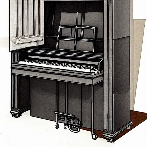 Please design architectural rendering/floor plan for a 1 bedroom + Den apartment with screened-in balcony and 1 1/2 bath. Needs to house 5-foot baby grand piano and Hammond B-3 organ with Lesley speaker. Some of the other furniture includes Heirloom antique French armoire, French Empire-style bureau and Empire  tall secretaire with secret drawer and a writing desk that is accessed with a key. Would also like a gourmet kitchen with an island and entertaining friends in mind. Home office and music / media  and crafts room and library. Willing to have the Den or the bedroom serve as living room instead.  Only have 1087 square feet to work with., 3D, Pencil Sketch