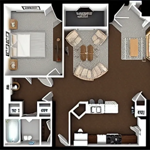 Please design floor plan for a 1 bedroom + Den apartment with screened-in balcony and 1 1/2 bath.Only have 1087 square feet to work with., , 3D