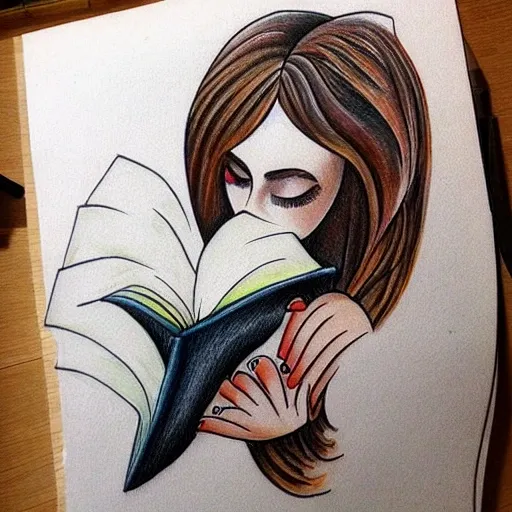 artistic girl tatto, reading a book, 3D, Pencil Sketch 