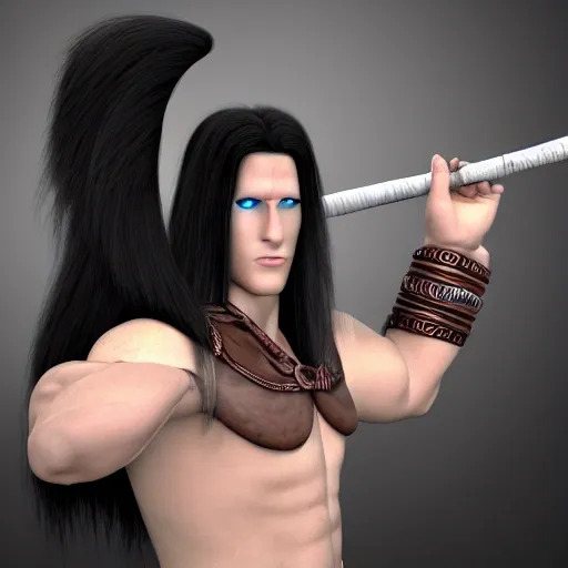 pale white, blue eyed, long black haired barbarian male, 3D