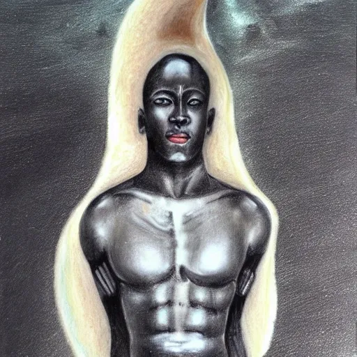 moreom God of the moon , black skin, Pencil Sketch, Oil Painting