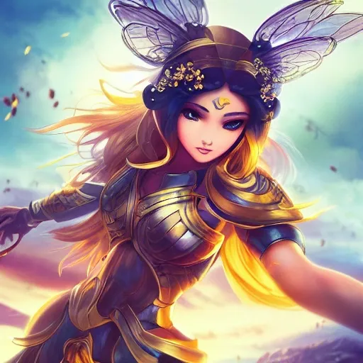 bee as a strong warrior princess| centered| key visual| intricate| highly detailed| breathtaking beauty| precise lineart| vibrant| comprehensive cinematic| t, soft natural lighting, portrait , magical photography, , photo realism, ultra-detailed,