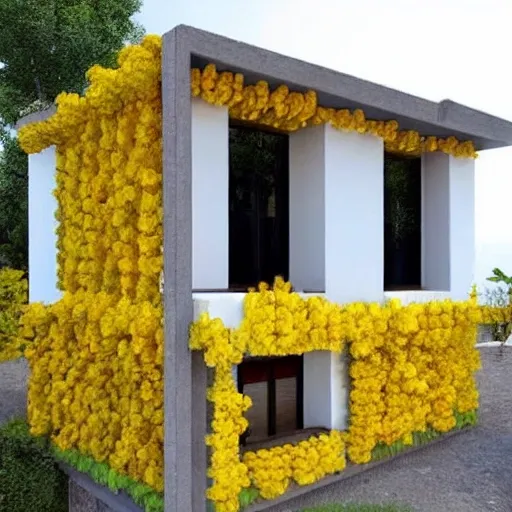 edificio de 3 pisos con forma de arbol con hojas amarillas estilo arquitect