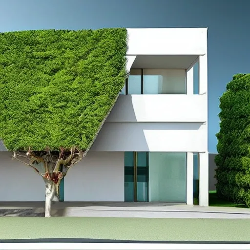 edificio de 3 pisos con forma de arbol con hojas amarillas estilo arquitectonico moderno en concreto, 3D