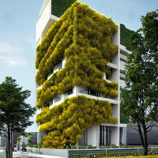 edificio de 3 pisos con forma de arbol con hojas amarillas estilo arquitectonico moderno en concreto