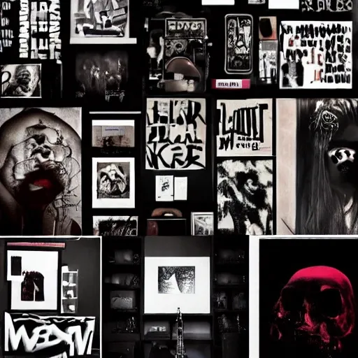 black edgy room, emo undertones, posters