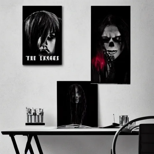 black edgy room, emo undertones, posters