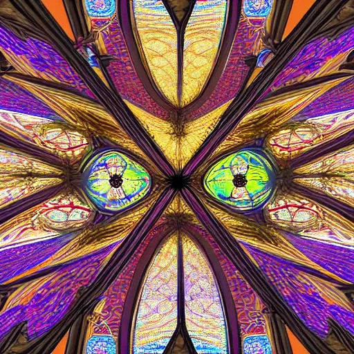 Gothic cathedral ceiling with geometric painting style, 3D, Oil Painting, Trippy