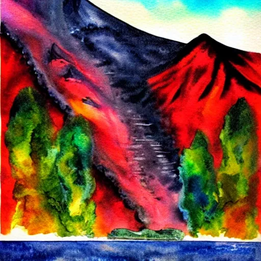 volcano in a city, Water Color