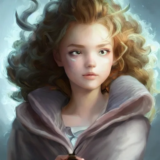 realistic portrait of a innocent young teen girl, d&d magic fantasy, dark magical school student uniform, light curly hair, casting a bright large-scale magical spell around herself, overflowing energy, highly detailed, digital painting, trending on artstation, pixiv, concept art, sharp focus, illustration, art by Ross Tran and Greg Rutkowski and Walt Disney animation