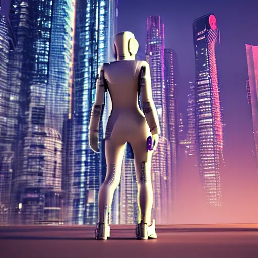 girl, sci-fi suit, cyberpunk cityscape, 3D