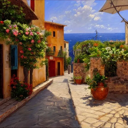 a traditional Mediterranean town in the street of a small village on the Riviera. a terrace in the shade of a hundred-yyear-oold olive tree; a friendly atmosphere around pizzas and rose wine. dolce vita. unreal engine rendering, hyper-realist, ultra-detailed, oil painting, warm colors, happy, impressionism, Da Vinci, style of Garri Bardin --ar 2:3