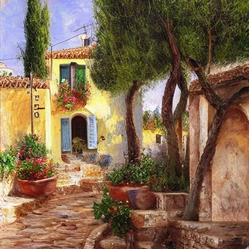 a traditional Mediterranean town in the street of a small village on the Riviera. a terrace in the shade of a hundred-yyear-oold olive tree; a friendly atmosphere around pizzas and rose wine. dolce vita. unreal engine rendering, hyper-realist, ultra-detailed, oil painting, warm colors, happy, impressionism, Da Vinci, style of Garri Bardin --ar 2:3