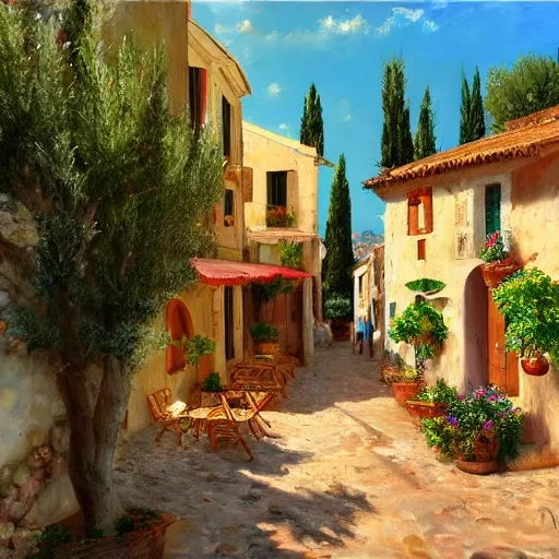 a traditional Mediterranean town in the street of a small village on the Riviera. a terrace in the shade of a hundred-yyear-oold olive tree; a friendly atmosphere around pizzas and rose wine. dolce vita. unreal engine rendering, hyper-realist, ultra-detailed, oil painting, warm colors, happy, impressionism, Da Vinci, style of Garri Bardin --ar 2:3