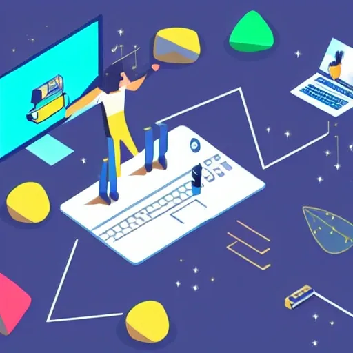 a man that is standing in front of a laptop, marketing game illustration, bar charts, panoramic anamorphic, adobe ilustrator, interconnections, constellations, by Else Alfelt, trading, soft round features, metaverse, rk post, register, multiple
