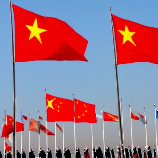 many small flags around the world and one huge Chinese flag.