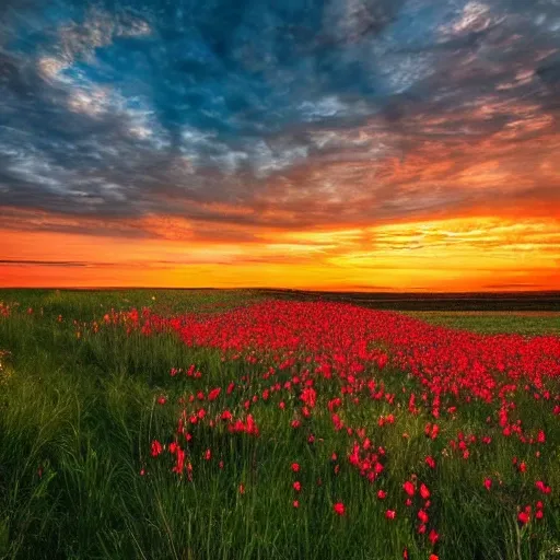 In the style of a fine-art photography, an image shows a field of flowers in the foreground with a dramatic sunset in the background. The image is perfect, with a flawless composition and stunning use of color. The lighting is warm and inviting, with a glow that creates a magical atmosphere. The image is refreshing and beautiful, capturing the essence of nature in all its glory.