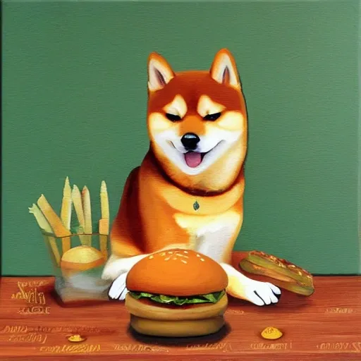 shiba inu fortune teller puppy who guesses the future in a hamburger, Oil Painting