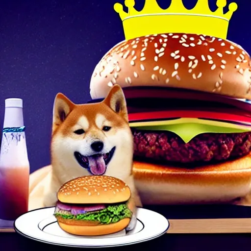 The image shows an artificial intelligence in the form of a Shiba Inu dog, sitting in front of a huge hamburger. The dog is wearing a crown on his head and has a curious and sly expression on his face. With one front paw, the dog is holding a toothpick that has a crystal ball on top, as if divining the future.

In the burger you can see different ingredients like lettuce, tomato, cheese, meat and sauces, which make it look very tasty. The hamburger is so large that the dog appears to be in reduced proportion compared to it.

In short, the image shows an artificial intelligence in the form of a shiba inu dog that appears to be telling the future using a crystal ball on a toothpick, while sitting in front of a giant delicious burger, wearing a crown on its head.