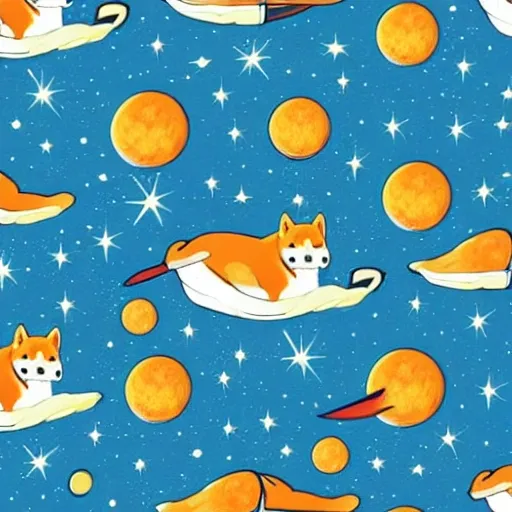 Shiba inu dog traveling at the speed of light, in the background they observe planets and stars, it is in a background where many stellar colors can be seen, Cartoon