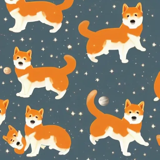 Shiba inu dog traveling at the speed of light, in the background they observe planets and stars, it is in a background where many stellar colors can be seen, Cartoon, 3D