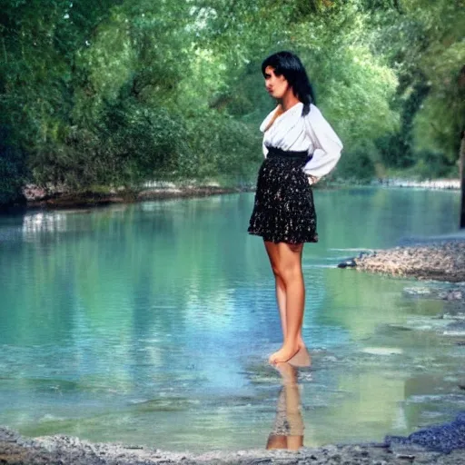 BB Model Pretty loven woman from Andalusia, with black hair, a half-open blouse and skirt rolled up, dipping her feet in a river of crystalline waters at the foot of a boulevard, Julio Romero de Torres style, with well-defined features, HD photographic quality, 12K.
