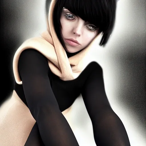 portrait of A beautiful, short-haired, tawny-skinned gothic billie eilish standing in a dark alley behind the large buildings in downtown at night, looking frightened and afraid. She wears a hood, a sweater, and BDSM lingerie , cinematic , photorealistic , hyper realistic , 8k , very dark  , colourful , very sharp ,  no pants , bottomless | realistic face detail , colour grading , ultra realistic details, wearing black sweater with scarf and black cloak , digital art, Saturated with colours, stunning details. , photographic, ultra texture, glow cinematic , wearing top t-shirt, , | the bottom is exposed, , ((best quality)), ((masterpiece)), (detailed),  , highly details , hazel eyes, ((nude bottom)) , Long black stockings, nude pussy ass , cloudy sky ,
