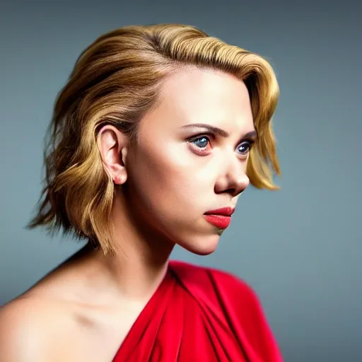 image of Scarlett Johansson, full head and shoulders, neutral background, longing look, red dress, looking straight into the lens, real photography fujifilm superia, full HD, taken on a Canon EOS R5 F1.2 ISO100 35MM --ar 4:3 --s 750 --q 2
