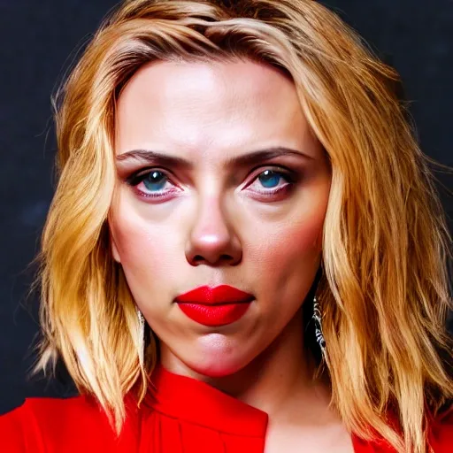 image of Scarlett Johansson, frontal, neutral background, longing look, red dress, looking straight into the camera, real photography fujifilm superia, full HD, taken on a Canon EOS R5 F1.2 ISO100 35MM --ar 4:3 --s 750 --q 2
