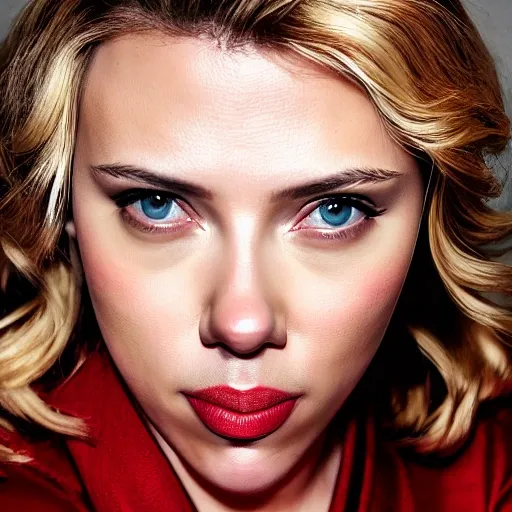 image of Scarlett Johansson, frontal, neutral background, longing look, red dress, looking straight into the camera, real photography fujifilm superia, full HD, taken on a Canon EOS R5 F1.2 ISO100 35MM --ar 4:3 --s 750 --q 2
