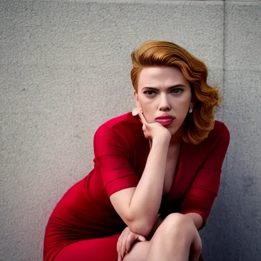 image of Scarlett Johansson, frontal, glamorous, warm colours, longing look, red dress, looking straight into the camera, real photography fujifilm superia, full HD, taken on a Canon EOS R5 F1.2 ISO100 35MM --ar 4:3 --s 750 --q 2
