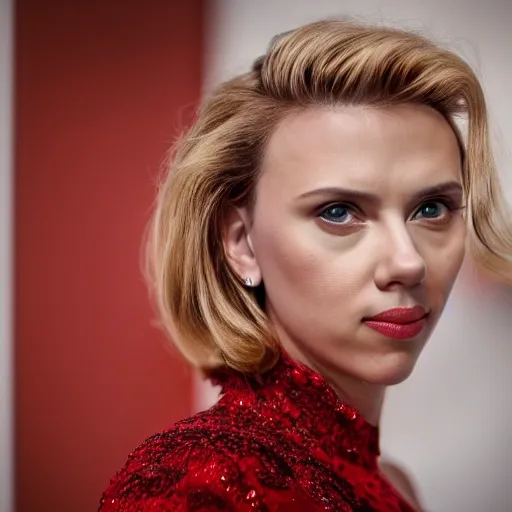 image of Scarlett Johansson, frontal, glamorous, warm colours, longing look, red dress, looking straight into the camera, real photography fujifilm superia, full HD, taken on a Canon EOS R5 F1.2 ISO100 35MM --ar 4:3 --s 750 --q 2
