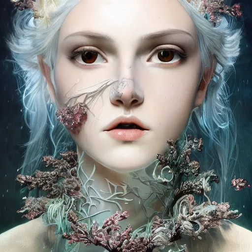 Woman with platinum hair, in a dress of ice flowers, a beautiful crown on her head, detailed face, detailed skin, front, background frozen forest, cover, unzoom, choker, hyperdetailed painting, luminism, Bar lighting, complex, 4k resolution concept art portrait by Greg Rutkowski, Artgerm, WLOP, Alphonse Mucha, little fusion pojatti realistic goth, fractal isometrics details bioluminescens : a stunning realistic photograph 30 years