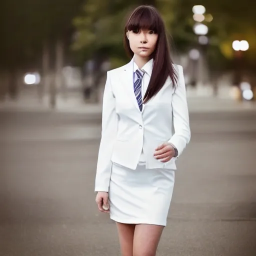 parameters best quality, photorealistic, 8k, high res, (skindentation), (professional lighting), gorgeous, photorealistic, (bokeh), Quiet and nice, nicemasterpiece, intricate, realistic, sharp focus, award-winning photograph, A young girl, white collar, white tight suit, short skirt, professional wear, street, outdoor,full body, mix4,