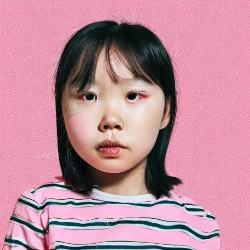 a young girl in a pink and white striped shirt, a character portrait by Lü Ji, pixabay contest winner, naive art, studio portrait, contest winner, white background