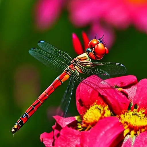 dragonfly, collorfull, beautiful, in the garden, red flower, sky, bookeh, focus to dragonfly, 