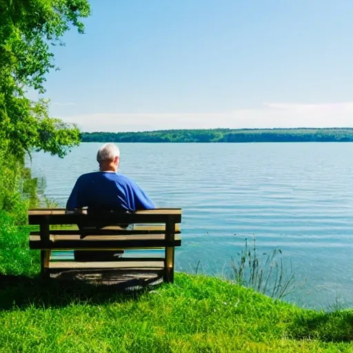 lake View, green, green hill, clear water, old man sitting on a bench, sunny, happy, real view, landscape, ultra good photo quality